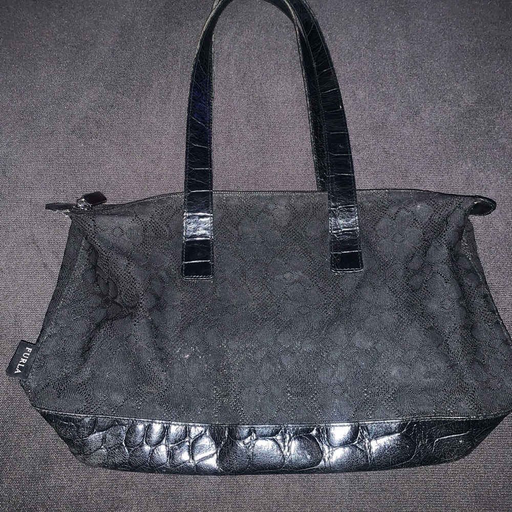 The Vintage Furla Black Floral Lace and Croc-Embossed Leather Tote Bag